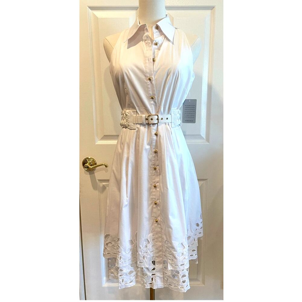 Chetta B White Cotton Blend Sleeveless Belted Midi Shirt Dress Coquette Size 6